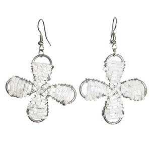 White Glass Bead Wire Wrapped Daisy Dangle Earrings